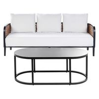 conjunto de jardin exterior metal 3 plazas sofa de aluminio con cojines gruesos blanco crema impermeable respaldo trenza vienesa ratan sintetico mesa de centro montefalco