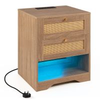 costway mesita de noche de ratan con estacion de carga 2 cajones compartimento abierto luz led ajustable y mando para salon dormitorio