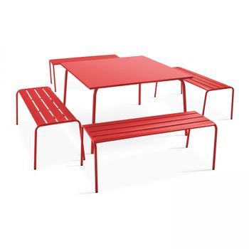 Mesa De Jardín Cuadrada Y 4 Bancos De Metal Rojo, Palavas - Oviala