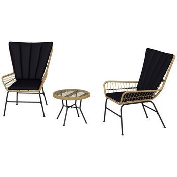 Conjunto De Muebles De Jardín De 3 Piezas De Ratán  Con 2 Sillas Y Mesa Auxiliar, Tablero De Vidrio Templado Y Cojines