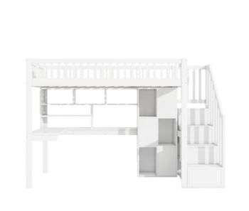 Cama alta de madera de 90x200 cm - escritorio con led y escalera de almacenaje - blanco