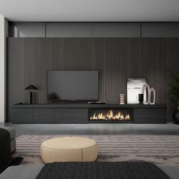 Mueble tv efecto madera negro 368x35x45cm chimenea efecto fuego