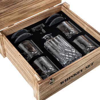 Set Botella Y 4 Vasos Whisky Cri Stal En Caja Madera