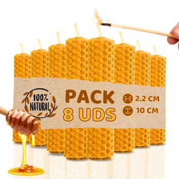 Pack de 8 Velas de Miel de Abeja para Rituales 100% Natural - DECEVI - Hechas a Mano - Origen España - SIN PARAFINA - Velas 10 cm x 2,2 cm - Enciende la Magia de la Luz Suave y Cálida