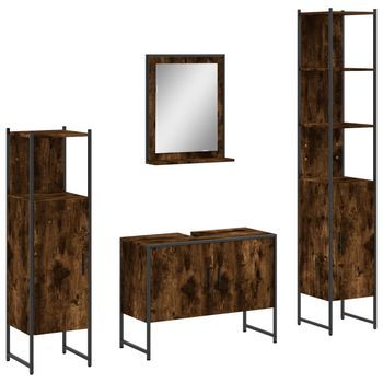 Set De 4 Uds Muebles De Baño | Armario De Baño Madera Contrachapada Roble Humo