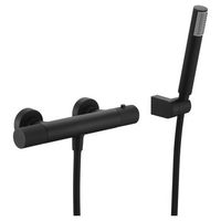 set de ducha negro mate en laton y zama con termostato y soporte abs