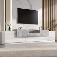 mueble tv blanco y gris cemento 200 cm mdf y aglomerado puertas laterales cajon vidrio templado pasacables y cierre suave
