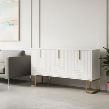 Mesa consola blanca con motivos geométricos y patas doradas.