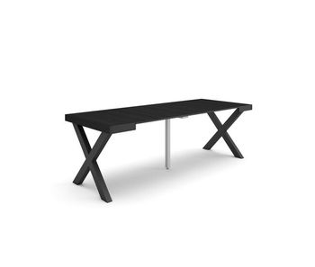Mesa consola extensible, mesa comedor plegable, 222x90x73cm, para 10 comensales, patas madera maciza, estilo moderno, negro