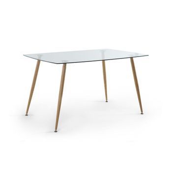 Mesa Comedor Rectangular De Cristal Varsovia, Patas Metálicas Roble 120x80x75 Cm