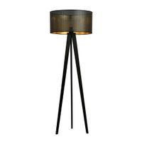 lampara de pie tripode de madera con pantalla negro y dorado