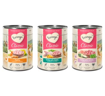Feringa Classic Meat Menu 12 x 400 g - Pack Ahorro - Pack mixto 1 - Conejo y pavo, aves, salmón y pavo