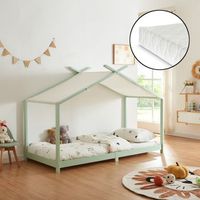 cama para ninos brome forma casita con colchon y techo pino 90x200cm - verde y blanco encasa
