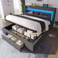 cama tapizada con almacenamiento hidraulico cabecero con compartimento led usb usb-c somier de lamas 180x200 cm gris lino