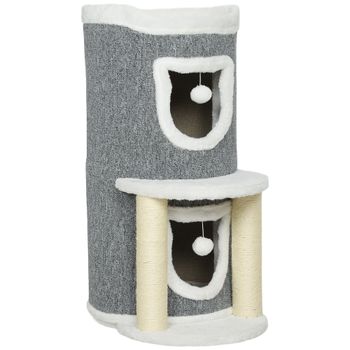 PawHut Árbol Rascador para Gatos Árbol para Gatos 76 cm con Cama 2 Cuevas Postes de Sisal Alfombra Bolas para Jugar Gris