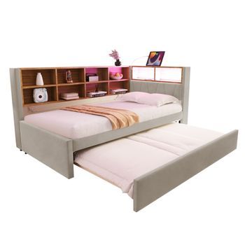 Sofá Cama Individual 90x200 Con Cama Nido Extraíble 90x190, Puertos Usb Y Almacenaje, Franela Gris Claro