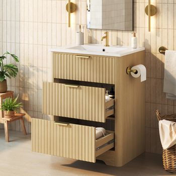 Mueble De Baño De 61 Cm Con Lavabo Cerámico, 2 Cajones Y Portarrollos Reversible