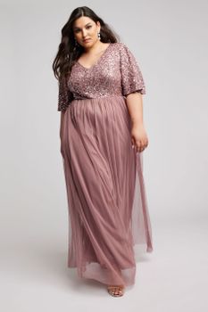 Luxe Vestido Largo Rosa Empolvado Adornado Con Lentejuelas, Mujer Curvy Y Tallas Grandes, Luxe: Ultimate Embellishment