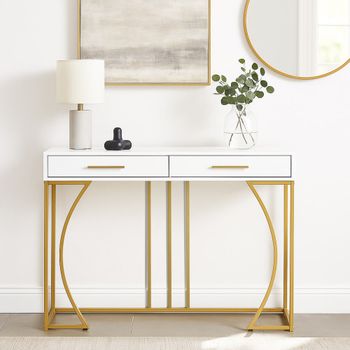 Mesa consola blanca y estructura dorada con 2 cajones