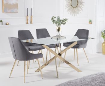 Denver 160cm Rectangular Gold Leg Glass Dining Table with Fern Velvet Chairs - Blue, 4 Chairs