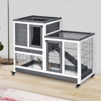 PawHut PawHut  Conejera de Madera con Ruedas para Interior Jaula de 2 Pisos con Rampa y 2 Bandejas Extraíbles 110x50x88cm Gris