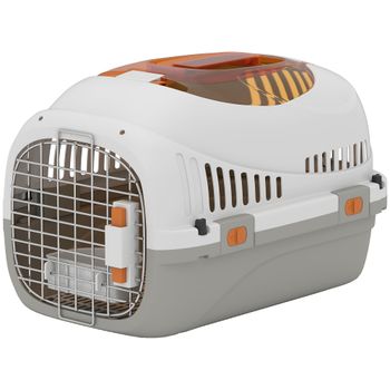 PawHut Transportín para Gatos Perros Pequeños de Plástico Carga 4 kg con Claraboya Cuenco Puerta de Acero Gris Claro