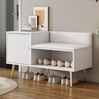 Banco Zapatero - Asiento Acolchado Con Respaldo Y Almacenaje - Tablero De Partículas Y Metal - Blanco (100x38x58cm)