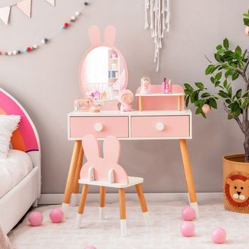 Juego De Tocador Y Silla Para Niños 2 En 1 Con Espejo, 2 Cajones Y Estante De Almacenamiento, Color Rosa