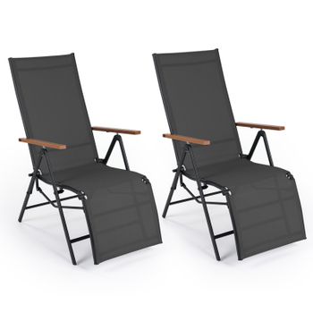 Costway Juego de 2 Tumbonas Plegables con Respaldo Ajustable 5 Posiciones Reposabrazos Tejido Transpirable para Balcón Jardín Piscina 150kg Negro