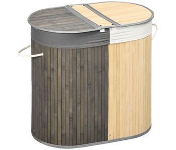 Homcom cesto de ropa sucia con tapa, 100l, cesta ropa sucia de bambú con 2 compartimentos, bolsa interior extraíble y lavable, asas, para lavandería, dormitorio, 62,5x37x60,5 cm, gris y natural