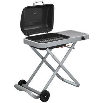 Outsunny Barbacoa de Gas Plegable con Quemador 2,5 kW Tapa Termómetro Mesa Lateral y 2 Ruedas Parrilla Recogedor Grasa Negro