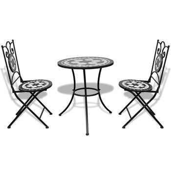Set Mesa Y Sillas Jardín 3 Uds | Set De Muebles De Jardín Baldosa Cerámica Blanco Y Negro