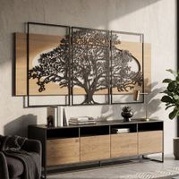 juego de 3 paneles decorativos 3d de metal negro  y madera cm 176x2x90