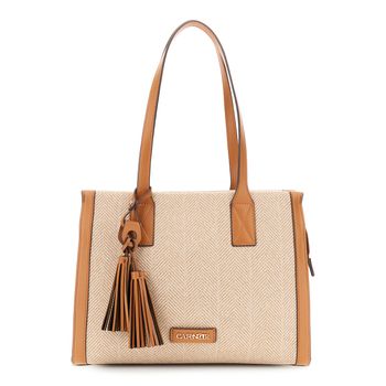 bolso de tela tweed con borla y detalle de logotipo tan