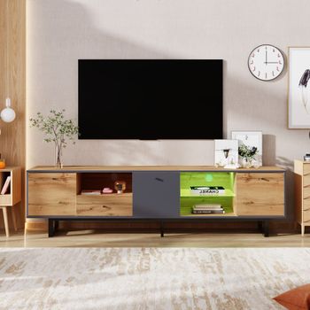 Mueble de TV efecto madera y gris con LED y estante de cristal