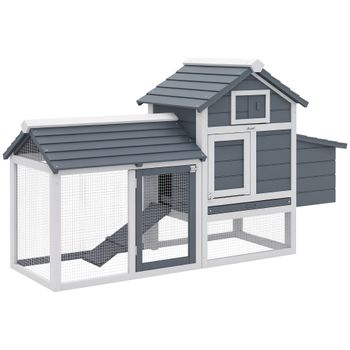 PawHut Gallinero de Madera para Exterior Jaula para 2-3 Gallineras con 2 Corrales de Alambre Techo Abrible Caja Nido Bandeja Extraíble y Rampa 150,5x54x87 cm Gris   Aosom España