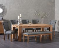 madrid 200cm solid oak table with camille faux leather chairs and camille faux leather bench - grey 2 chairs