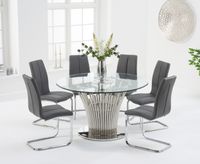 hans round 130cm glass table with tarin faux leather chairs - grey 4 chairs