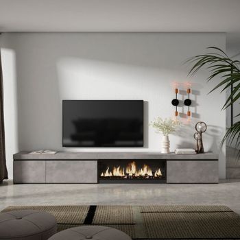 Mueble tv efecto madera cemento 317x35x45cm chimenea efecto fuego