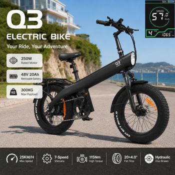 Bicicleta Eléctrica HX Q3 para Adultos, 250W, 48V, 20Ah, 960Wh, Batería Extraíble, Neumáticos Gruesos 20×4.0, Frenos de Disco Hidráulicos de 115Nm, 7 Velocidades, Portaequipajes Trasero, Carga Máxima