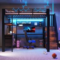 cama alta de metal 140 x 200 cm negra con escritorio almacenaje y luz led