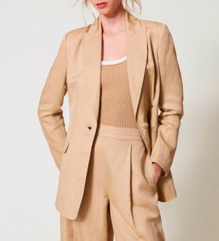 Twinset para mujer. 251TE2140 Chaqueta de botonadura sencilla de lino mixto beige (44), Casual, Manga larga, Lyocell