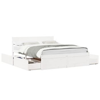 Cama Doble | Cama Para Adultos | Estructura De Cama Con Cajones Madera De Pino Blanca 160x200 Cm