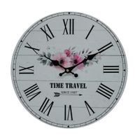 reloj redondo de madera negro blanco y rosa con tema floral d338 cm