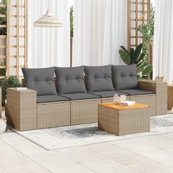 Conjunto De Sofás Jardín Con Cojines 5 Uds | Mueble Jardin Mesa Y Sillas Ratán Sintético Beige Cfw643605