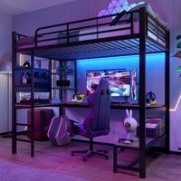 cama alta 90x200 con escritorio estructura metalica negra y luz led