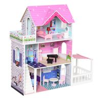 homcom homcom casa de munecas de 3 pisos con muebles accesorios 86x30x87cm rosa