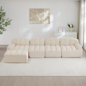 Sofá Modular De 4 Plazas Con Otomana, Beige Y Blanco, Espuma 32d