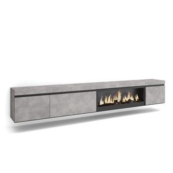 Mueble Tv, Televisión, Muebles De Salón, Almacenaje, 288x45x35 Cm, Para Tv Gran Formato, Chimenea Eléctrica Xxl, Colgado, Suspendido, Estilo Moderno, Cemento