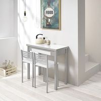 mesa de cocina con cajon en cristal blanco optico apertura tipo giratoria tipo libro patas alumino 80 cm ancho x 77 cm alto x 40 - 80 cm fondo